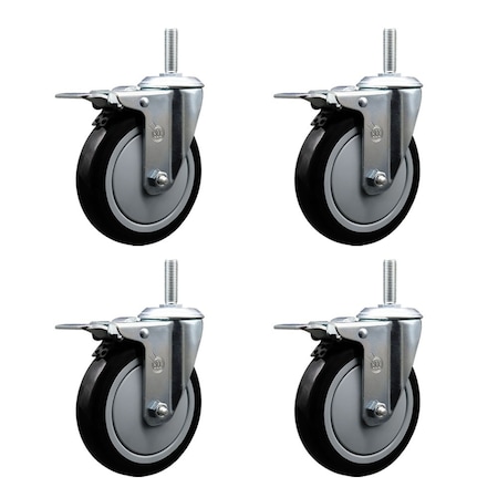 Service Caster 5 Inch Black Polyurethane Swivel 34 Inch Threaded Stem Caster Set with Total Lock Brake SCC-TSTTL20S514-PPUB-BLK-34212-4